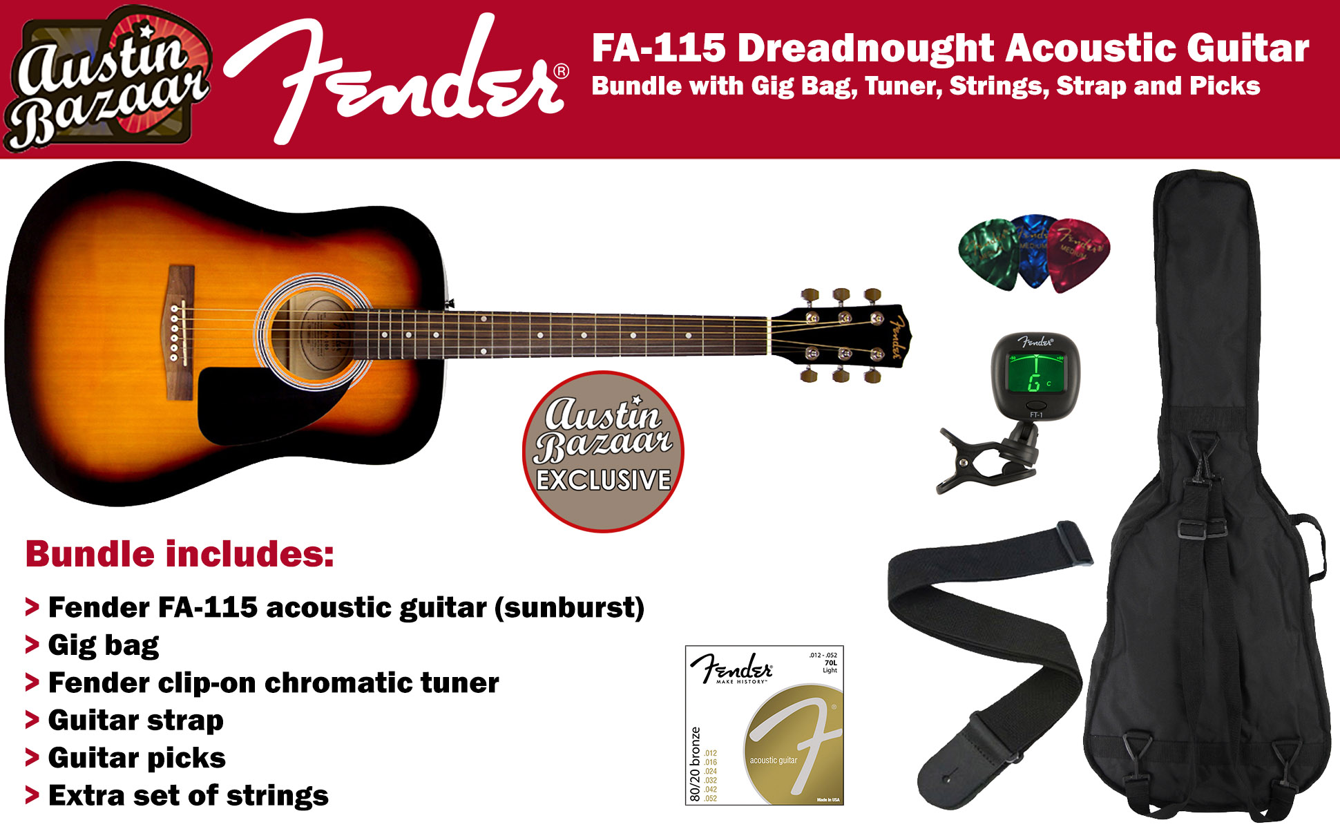 Fender FA-115 Dreadnought Acoustic Guitar - Sunburst w/ Gig Bag