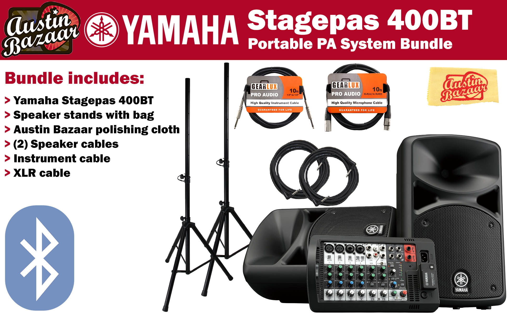 Yamaha STAGEPAS 400BT Portable PA System Bundle w/ Speaker Stands