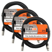 Gearlux 25-Foot XLR Microphone Cable, Fully Balanced, Male to Female, Black - 3 Pack