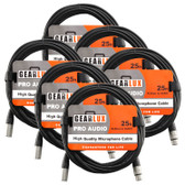 Gearlux 25-Foot XLR Microphone Cable, Fully Balanced, Male to Female, Black - 6 Pack