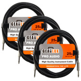 Gearlux Instrument Cable, 1/4 Inch, Straight-Straight, Black, 25 Foot - 3 Pack