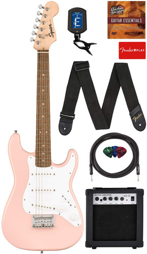 Fender Squier 3/4-Size Kids Mini Strat Electric Guitar - Shell Pink w/ Amplifier