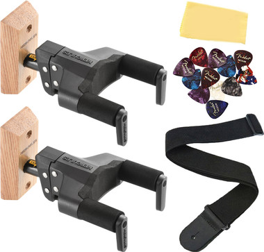 Hercules GSP38WB PLUS Auto Grip Guitar Hanger, Wood Base, Short Arm - 2 Pack w/ Strap