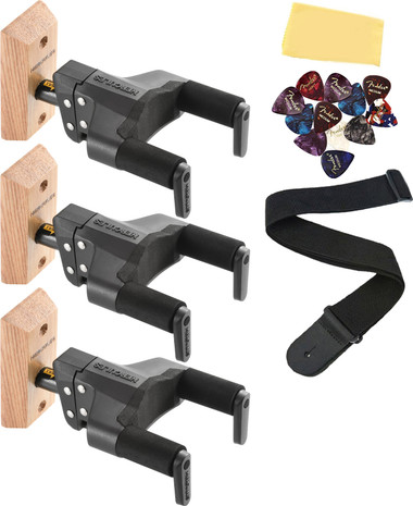 Hercules GSP38WB PLUS Auto Grip Guitar Hanger, Wood Base, Short Arm - 3 Pack w/ Strap