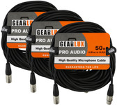Gearlux 50-Foot XLR Microphone Cable, Fully Balanced, Male to Female, Black - 3 Pack
