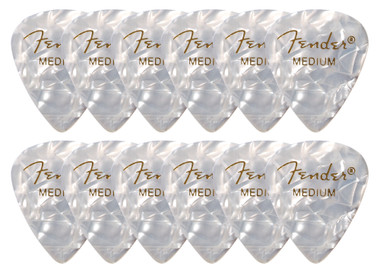 Fender Premium Celluloid 351 Shape Picks, Medium, White Moto - 12 Pack