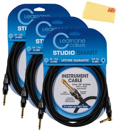 Cleartone 10-Foot Studio Smart Instrument Cable, Straight-Angled, 24 AWG - 3 Pack