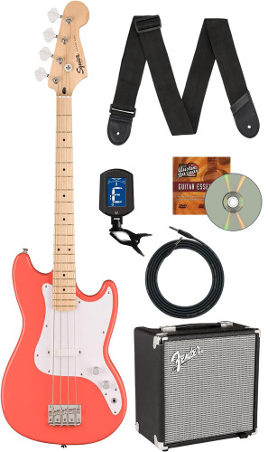 Fender Squier Sonic Bronco Bass - Tahitian Coral w/ Rumble 15 Amplifier