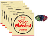 Fender Nylon Classical Guitar Strings, Normal Tension, .028-.043, Tie End - 6 Pack w/ Picks