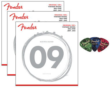 Fender Original 150's Pure Nickel Electric Guitar Strings, Ball End, .009-.042, Light - 3 Pack w/ Picks