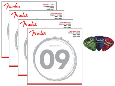 Fender Original 150's Pure Nickel Electric Guitar Strings, Ball End, .009-.042, Light - 4 Pack w/ Picks