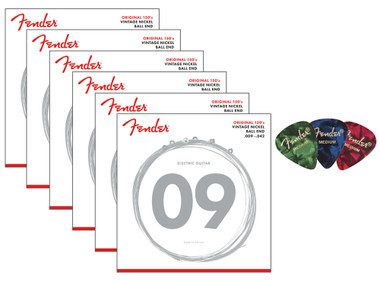 Fender Original 150's Pure Nickel Electric Guitar Strings, Ball End, .009-.042, Light - 6 Pack w/ Picks