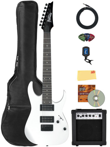 Ibanez GRG7221 RG Gio 7-String Electric Guitar - White w/ Amplifier
