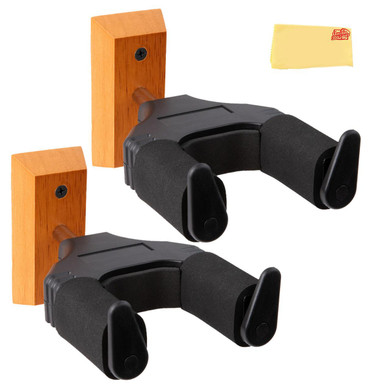 Gearlux Universal Self-Locking Guitar Wall Hanger with Wooden Base - 2 Pack