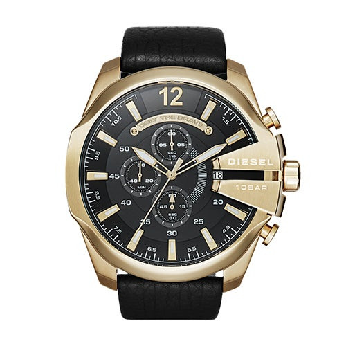 Mens Mega Chief Gold & Black Leather Strap Watch Black Dial