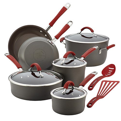 12pc Cucina Hard-Anodized Cookware Set Red Handles