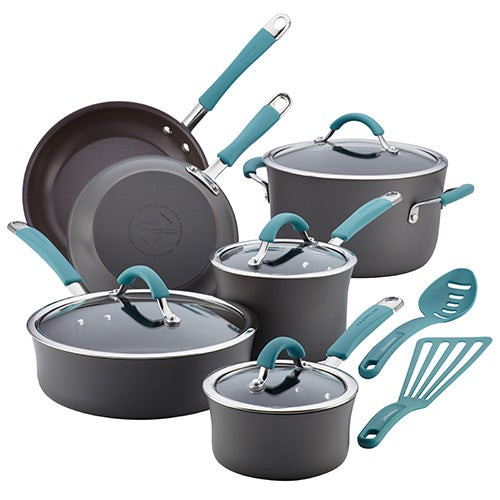 12pc Cucina Hard-Anodized Cookware Set Agave Blue
