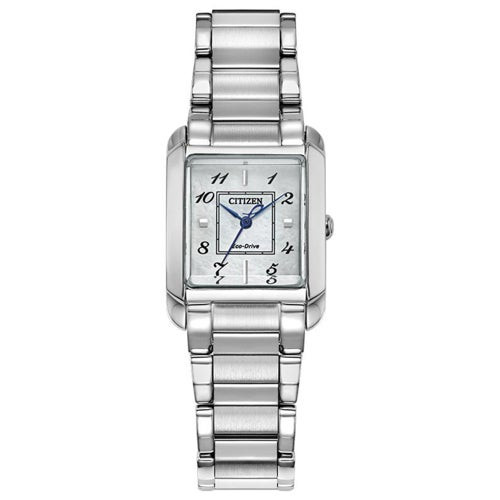 Ladies' Bianca Eco-Drive Silver-Tone SS Rectangle Watch, Mother-of-Pearl Dial