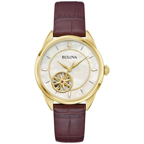 Ladies Sutton Automatic Gold & Brown Leather Strap Watch MOP Dial
