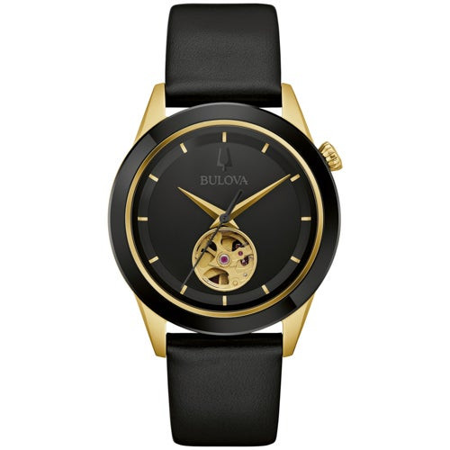 Mens Apollo Automatic Gold & Black Leather Strap Watch Black Dial