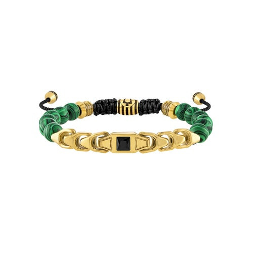 Classic Black Spinel & Malachite Beaded Bolo Bracelet w/ Gold-Tone Links