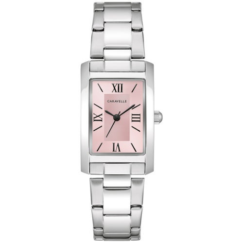 Ladies Dress Silver-Tone Stainless Steel Rectangle Watch Pink Dial