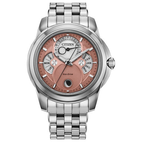 Mens Calendrier Eco-Drive Silver-Tone Stainless Watch Salmon & Silver Dial