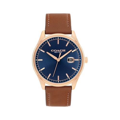 Mens Oliver Rose Gold & Saddle Brown Leather Strap Watch Blue Dial