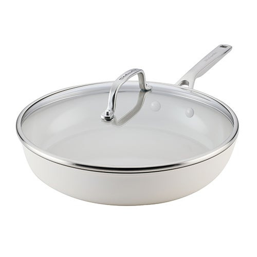 12.25" Hard Anodized Ceramic Induction Fry Pan w/ Lid Porcelain White