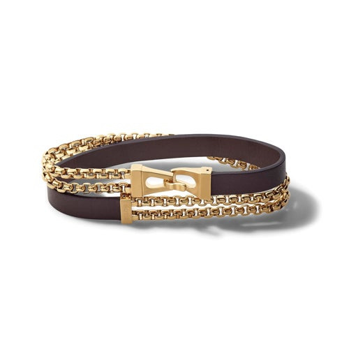 Classic Brown Leather & Gold Box Link Chain Double Wrap Bracelet - Medium
