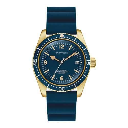 Mens Sea Hunter Automatic Gold & Deep Blue Rubber Strap Watch Blue Dial