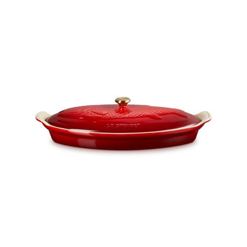 1.7qt Heritage Stoneware Fish Baker w/ Gold Knob Lid Cerise