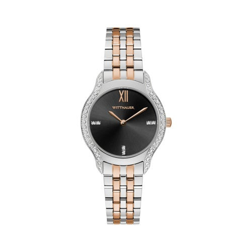 Ladies Black Tie Diamond & Rose Gold-Tone Stainless Steel Watch Black Dial