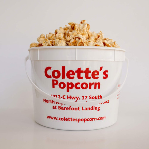 Colette's 1-gallon jumbo bucket filled with fresh handcrafted old fashioned sweet and salty kettle corn.