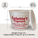 Colette's Popcorn 1-gallon jumbo bucket dimensions (8 inches wide by 6.5 inches tall, holds approx 18 cups) with an airtight freshness snap lid keeping Old Fashioned Kettle Corn crisp for up to 2 months.