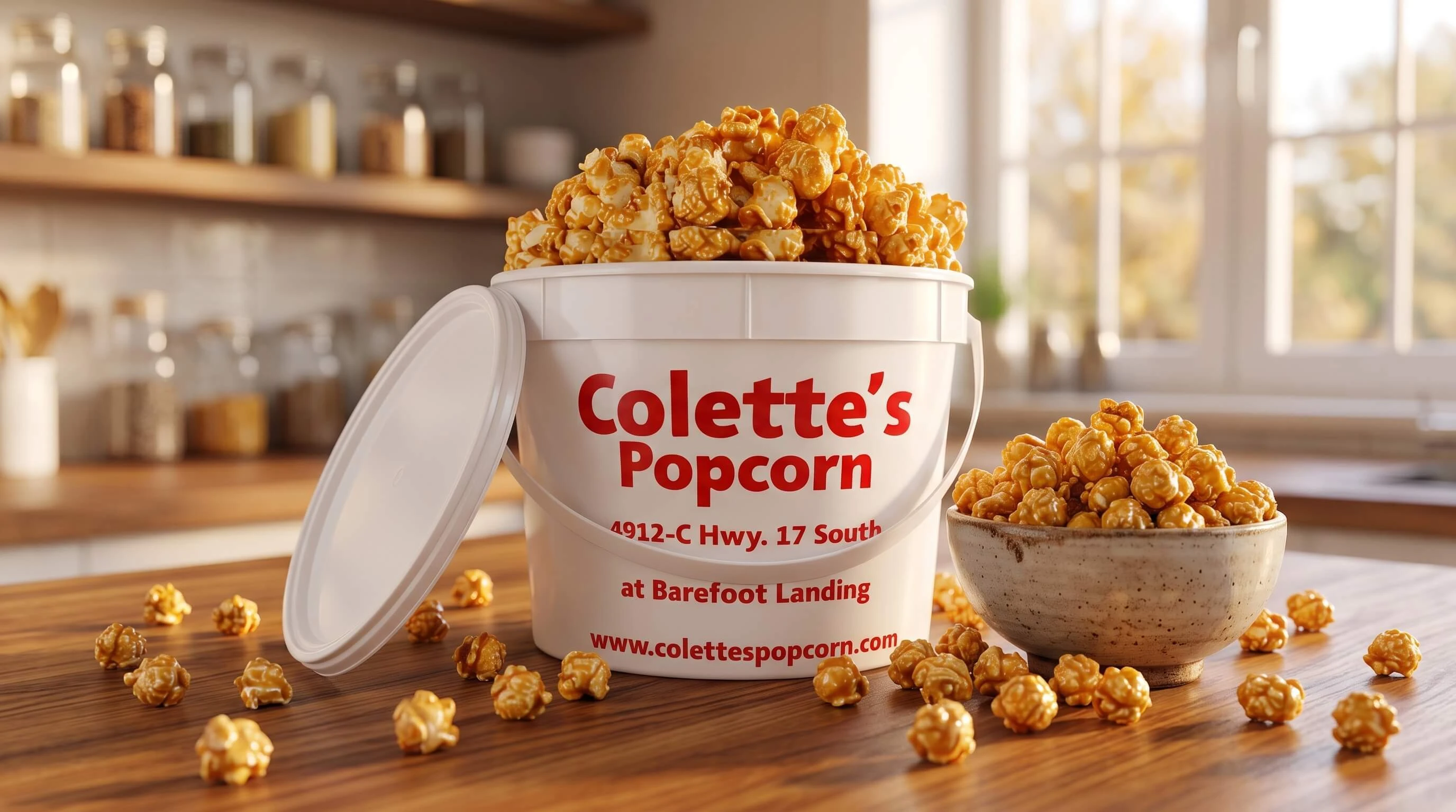 Handcrafted Jumbo Bucket of sweet gourmet caramel popcorn from Colette's Popcorn at Barefoot Landing in North Myrtle Beach.