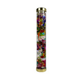 Glass object cylinder is filled with a plethora of colorful items