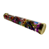 Glass object cylinder is filled with a plethora of colorful items