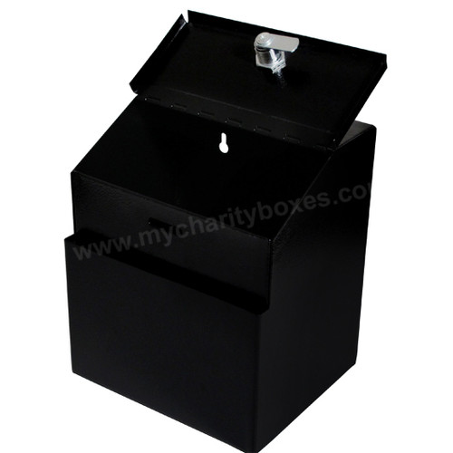 Metal donation suggestion box with key drop - open view