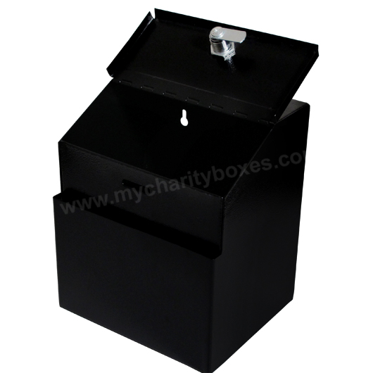 Metal donation suggestion box with key drop - open view