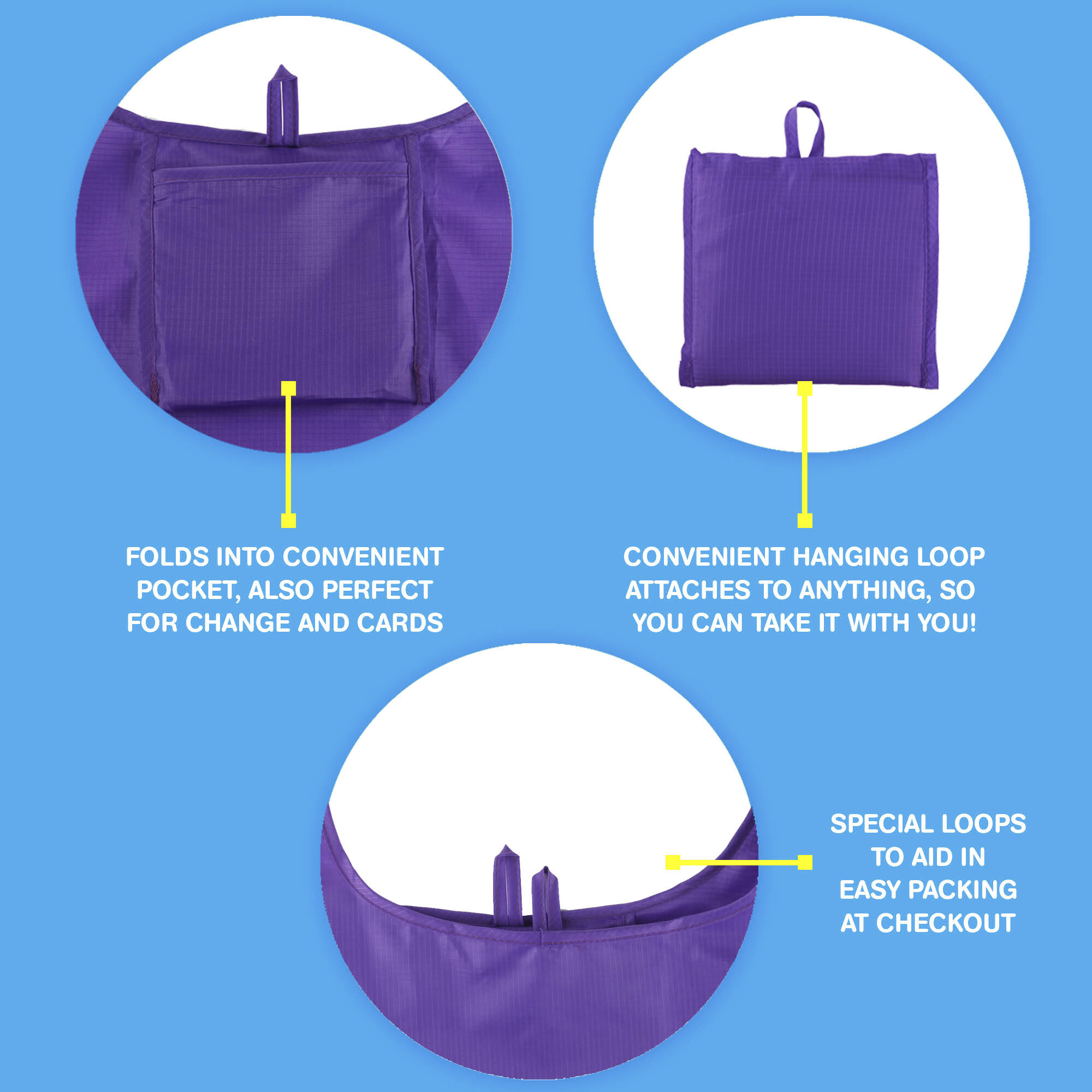 REUSABLE GROCERY TOTE FOLDABLE POLYESTER BAG INTO ATTACHED POUCH, RIPSTOP POLYESTER REUSABLE WASHABLE SHOPPING BAGS (5 PACK)