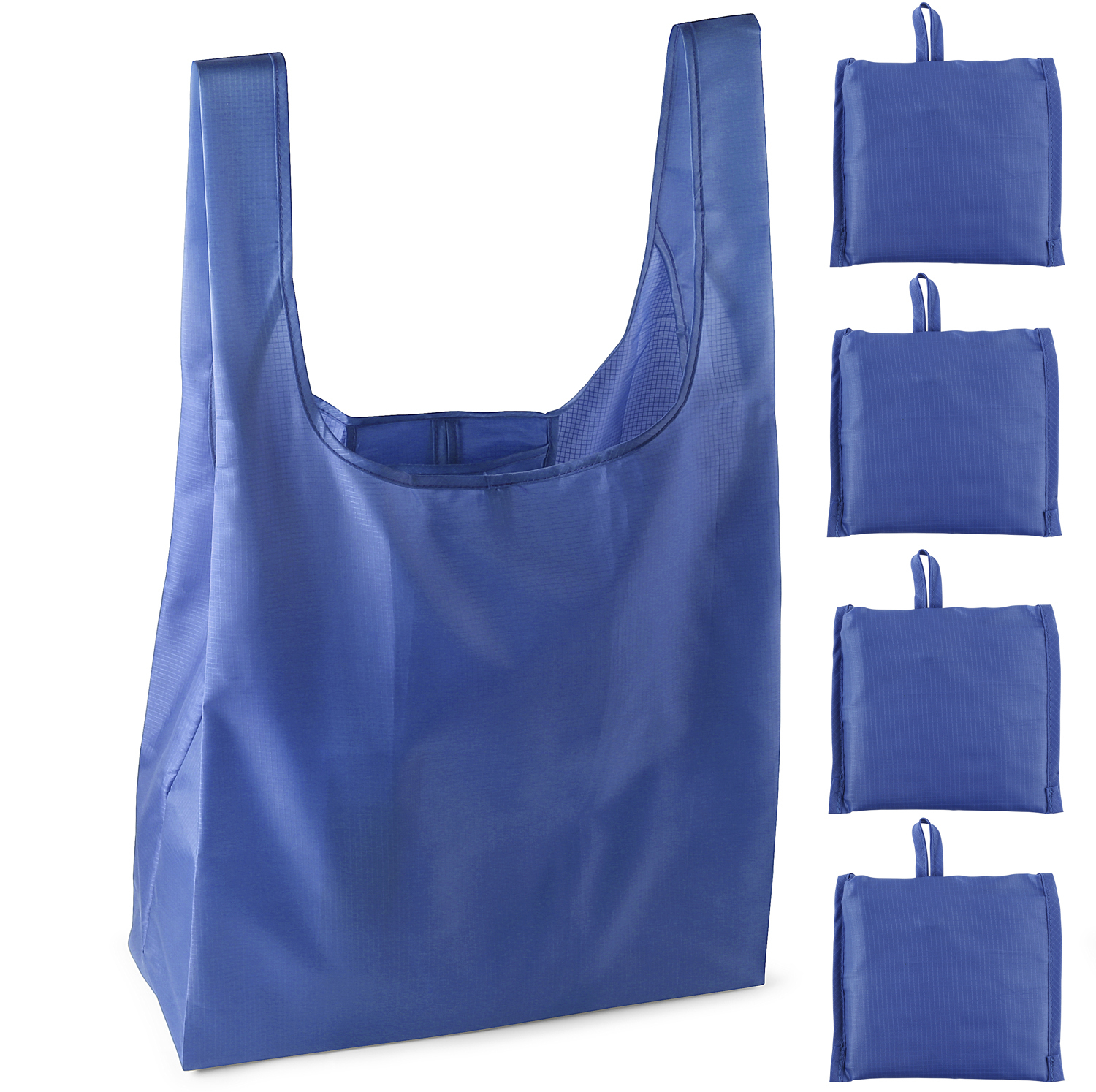 REUSABLE GROCERY TOTE FOLDABLE POLYESTER BAG INTO ATTACHED POUCH, RIPSTOP POLYESTER REUSABLE WASHABLE SHOPPING BAGS (5 PACK)