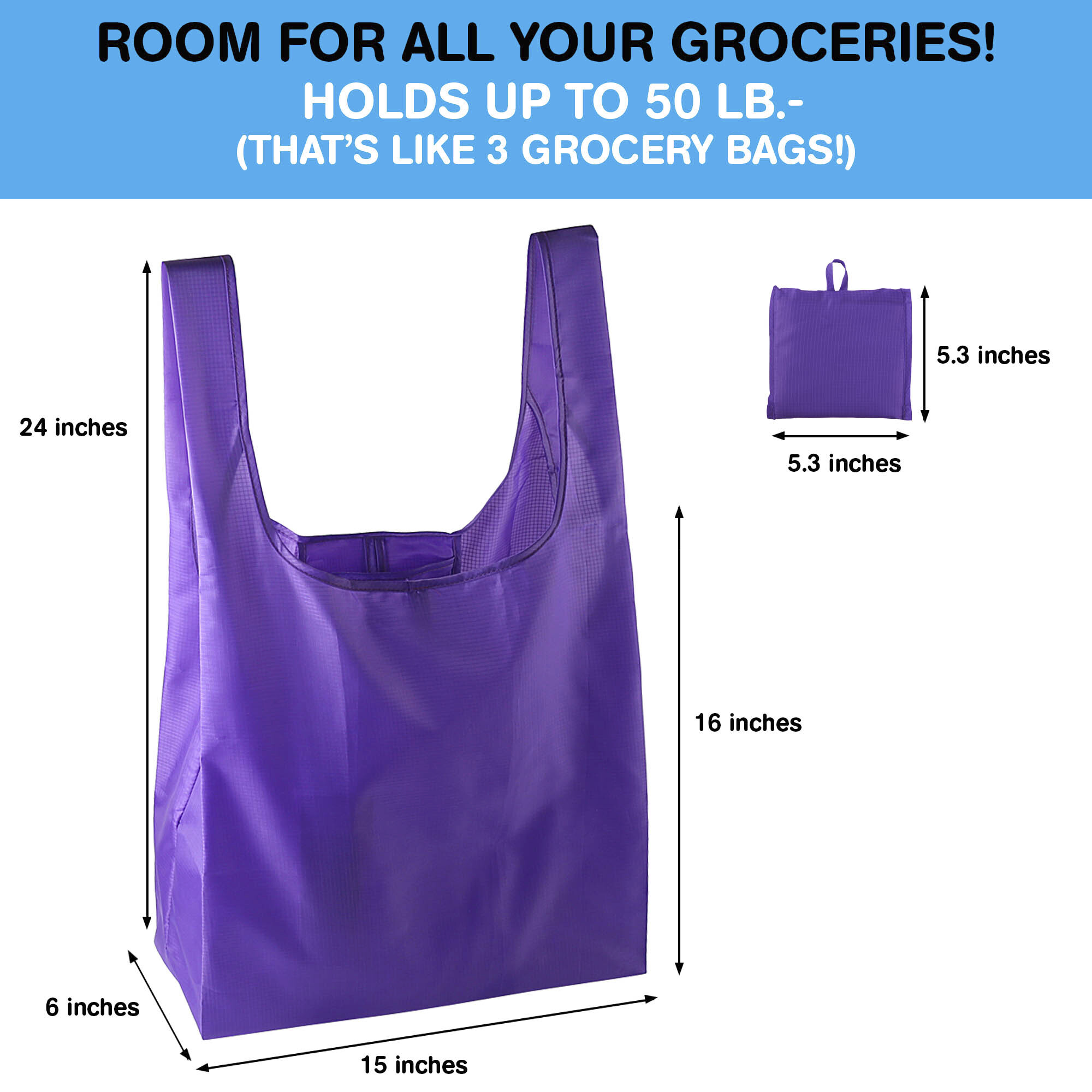 REUSABLE GROCERY TOTE FOLDABLE POLYESTER BAG INTO ATTACHED POUCH, RIPSTOP POLYESTER REUSABLE WASHABLE SHOPPING BAGS (5 PACK)