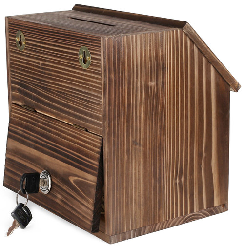 BURNT SOLID WOOD LOCKING SUGGESTION/DONATION/BALLOT BOX WITH CHALKBOARD, LOCK AND KEYS INCLUDED (WD-19)