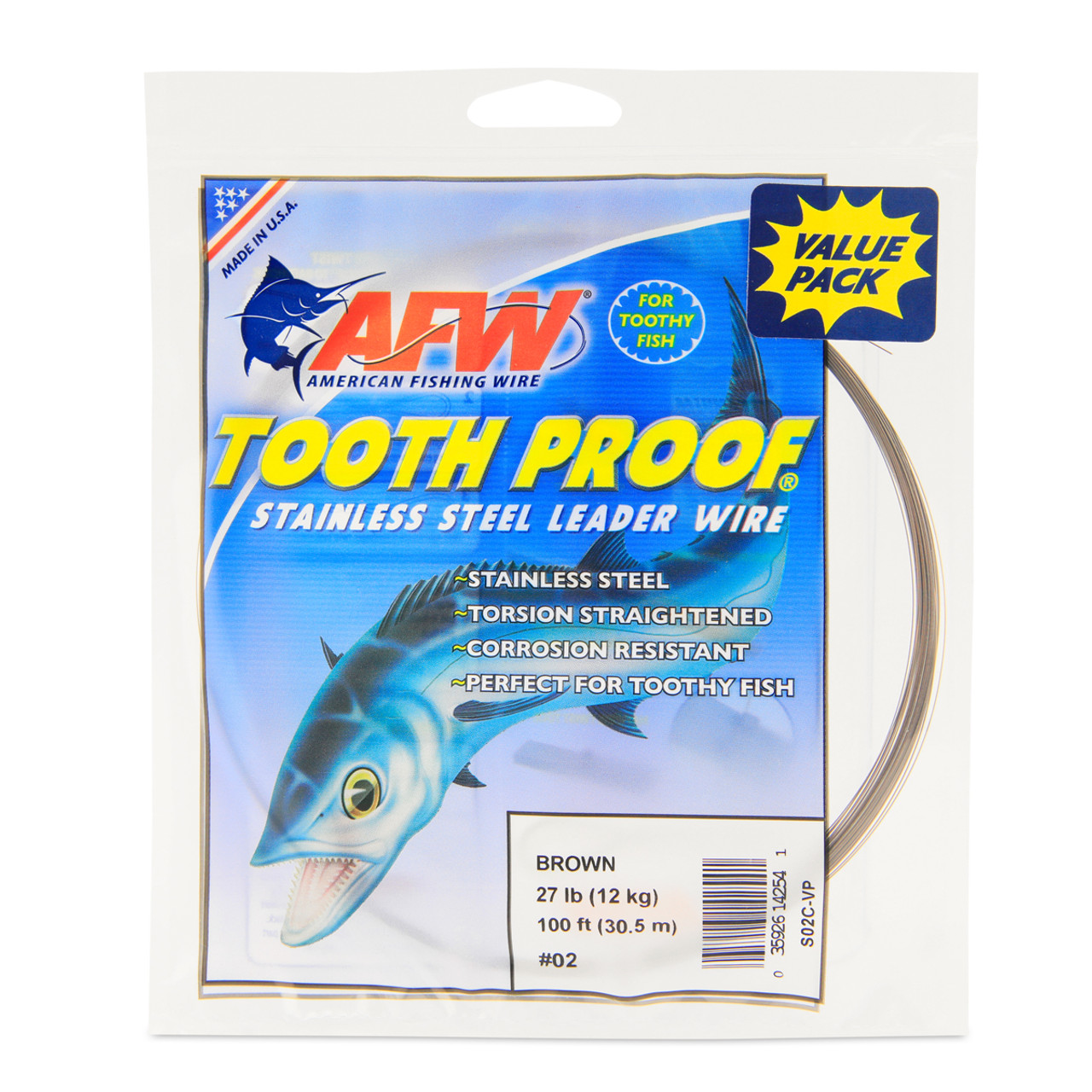 AFW TOOTH PROOF STAINLESS STEEL LEADER-Single Strand Wire-44LB Test 30FT  BRIGHT