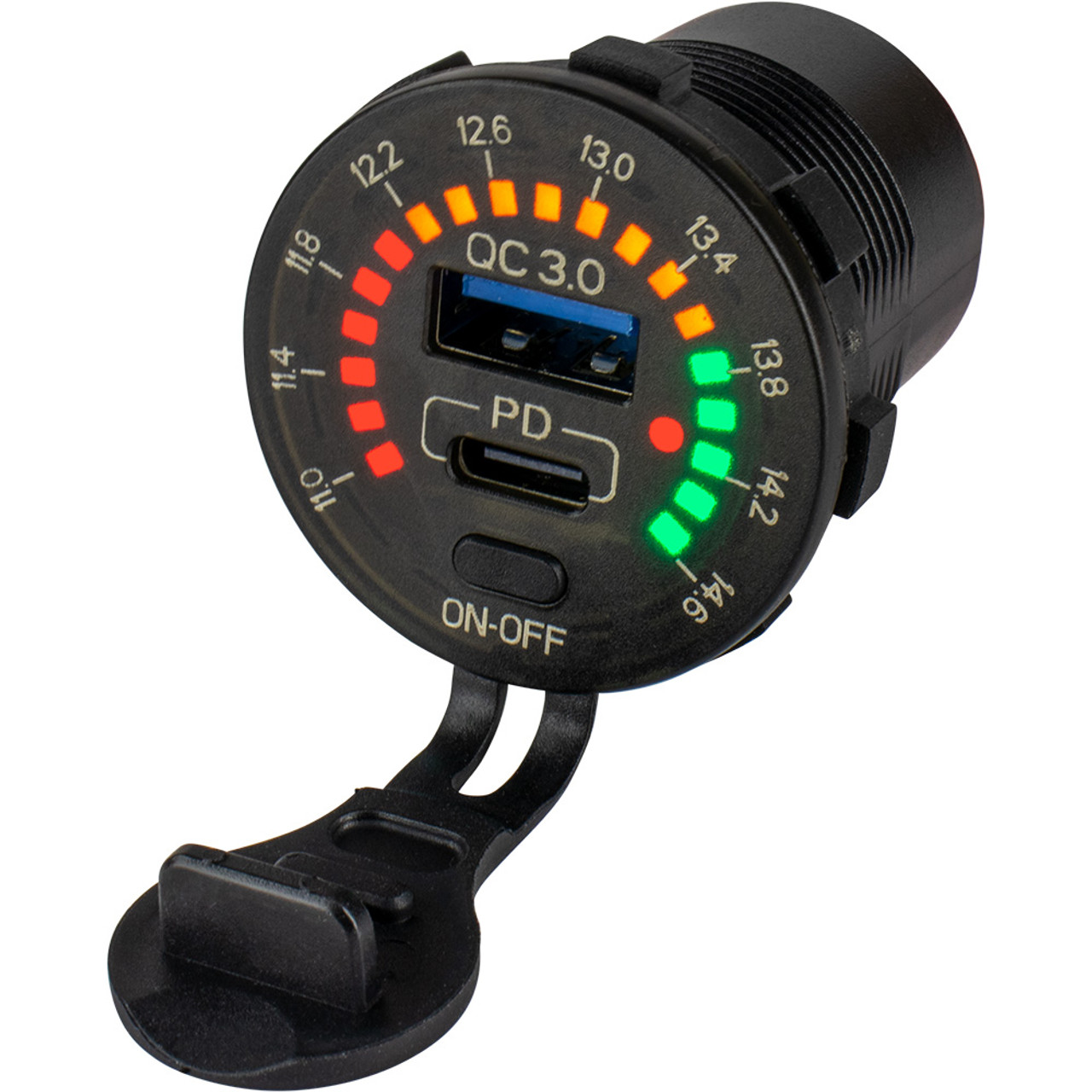 Rundes Rainbow-Voltmeter Sea-Dog mit USB- und USB-C-Steckdose