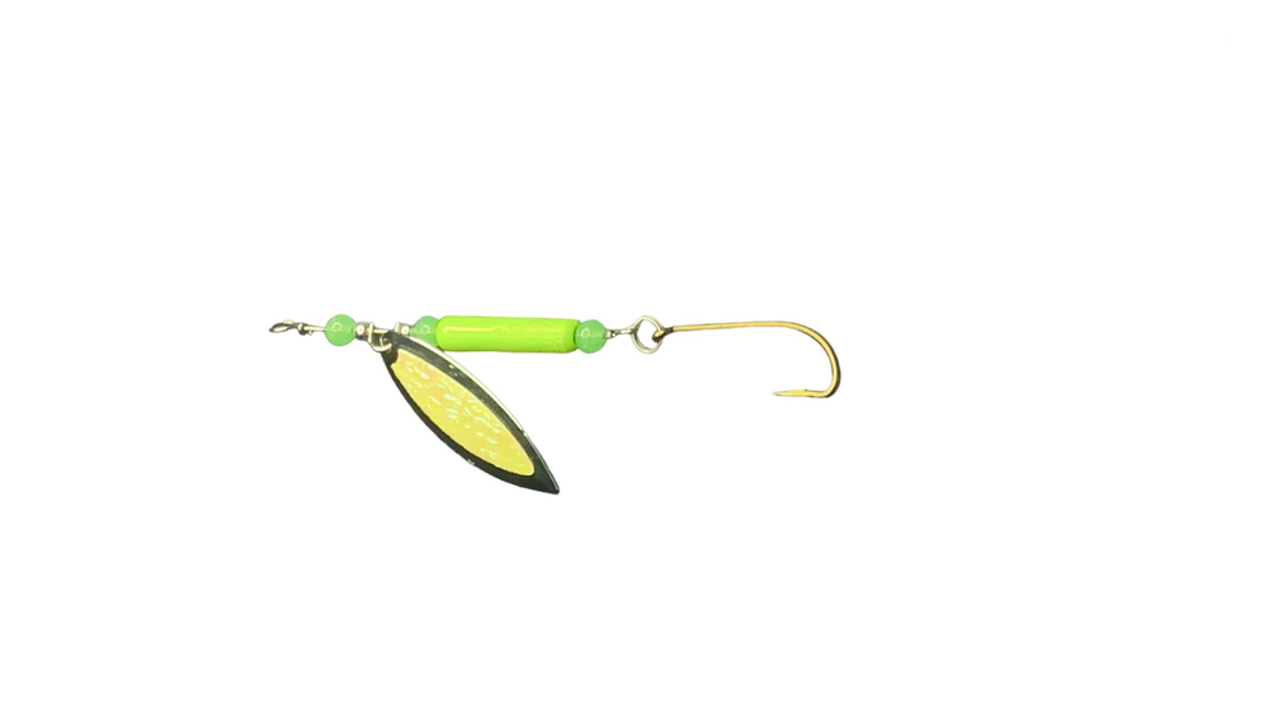 Fishslayer Tackle 1/2oz Clatter Jig / Spinner Sally Mander -- Chart. Glow  Body With Chart. Glow Beads & A White Glow Spinner 
