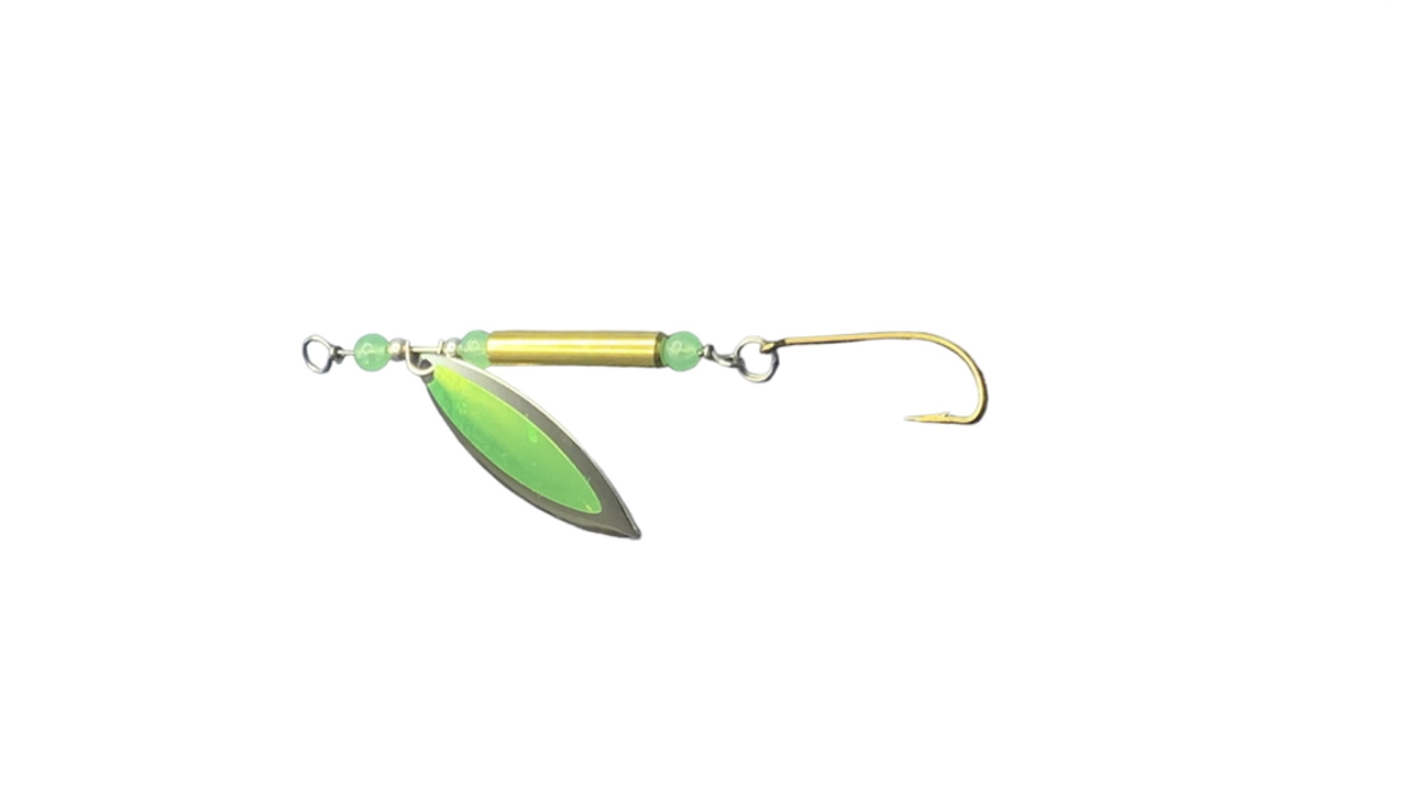 Fishslayer tackle 1/2oz clatter jig / spinner max guld -- mässingskropp med  chartreuse glödpärlor och en mtn. daggspinnare