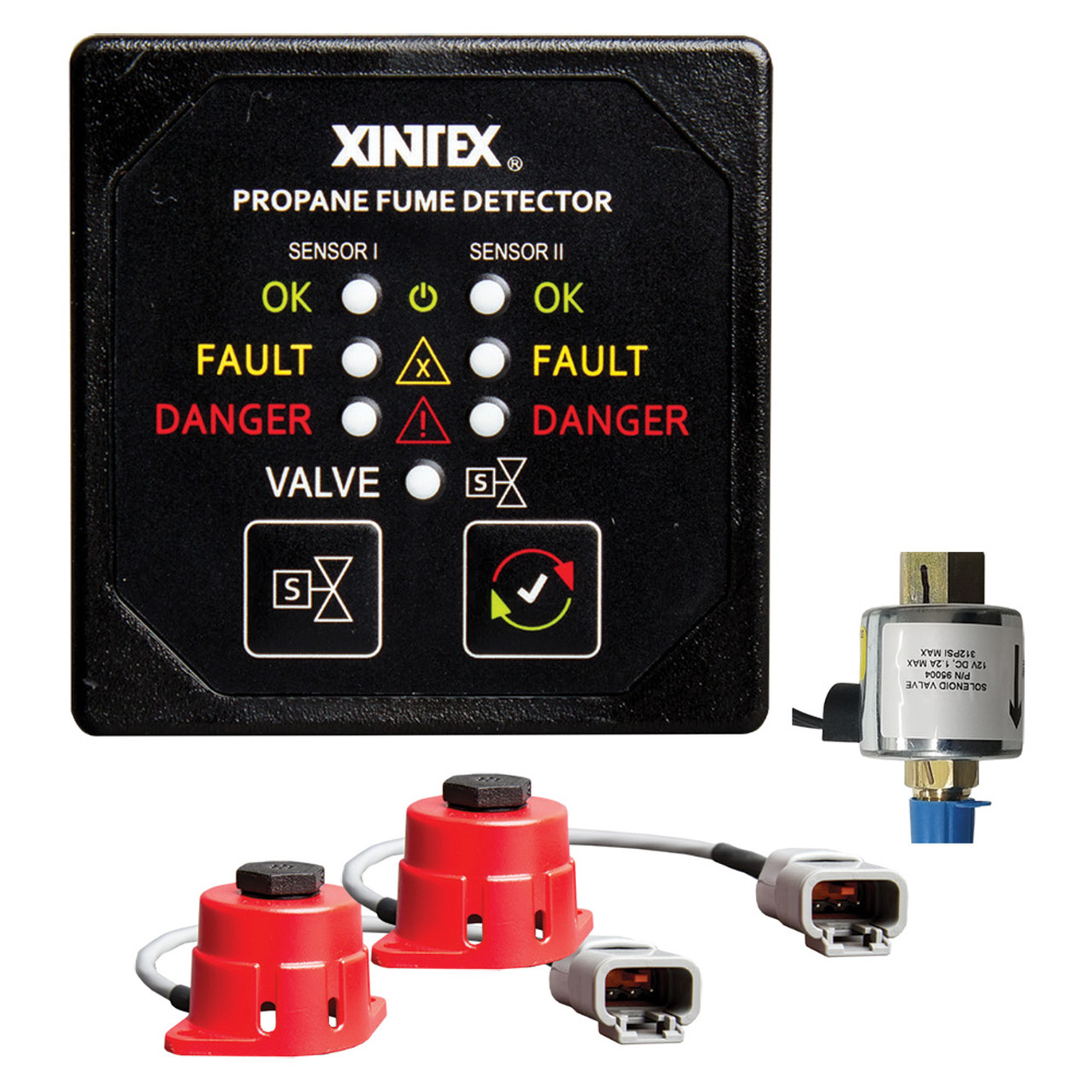 Détecteur de fumée de propane Fireboy-Xintex , 2 canaux, 2 capteurs,  électrovanne & contrôle & câble 20' - 24v dc