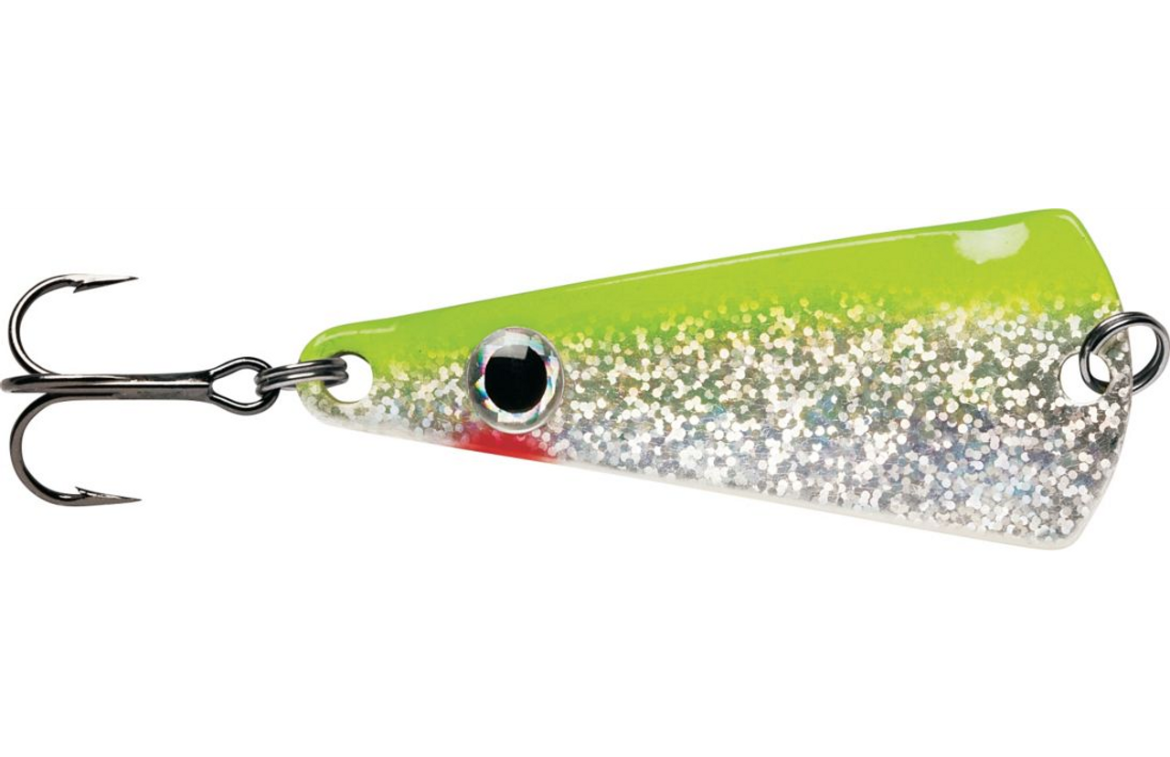 VMC Flash Champ Ice Fishing Spoon - Glow Green Fire UV, 1/16oz